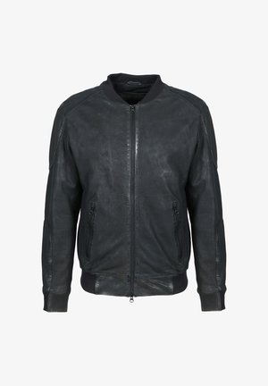 Schwarze Leder-Bomberjacke mit Frontreißverschluss, geripptem Kragen, Bündchen, Saum und seitlichen Reißverschlusstaschen.