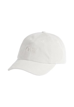White corduroy baseball cap with a curved brim and stitched logo detail on the front. Textured fabric with six ventilation eyelets.