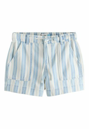 Hellblaue und weiße vertikal gestreifte Shorts mit Fronttaschen, Gürtelschlaufen und einem Tunnelzug in der Taille.