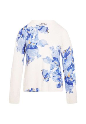 Jersey blanco de manga larga con patrones florales en azul y púrpura claro en las mangas y el frente, cuello redondo y puños y bajo acanalados.