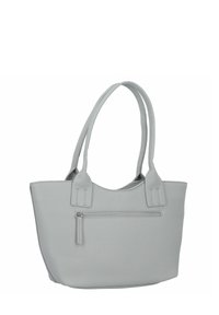 Borsa a spalla grigia in pelle con texture liscia, manici doppi e tasca con zip frontale. Forma arrotondata con cuciture rinforzate sui manici.