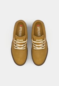 Brown suede skate shoes with cream laces, rounded toe, and perforated detailing on the vamp. "APPLEYARD" branding on the tongue.