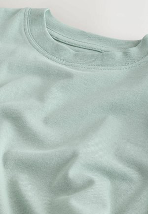 T-shirt en coton vert menthe clair, avec un col rond côtelé et une texture légèrement froissée, mettant en valeur un tissu doux.