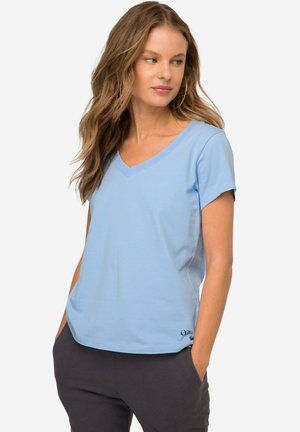 Light blue V-neck t-shirt with short sleeves, made of soft fabric, featuring a relaxed fit and a small logo detail on the hem.