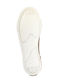 Suela de zapato de goma blanca con un patrón texturizado, que incluye diseños de diamante y espiga, bordes curvados y un contorno suave.