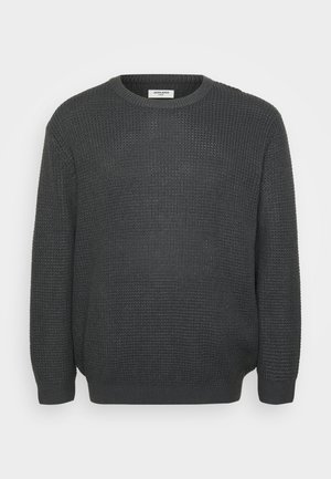 Maglione lavorato a maglia grigio scuro con motivo testurizzato, scollatura tonda e maniche lunghe. Rifinito con polsini e orlo a costine.