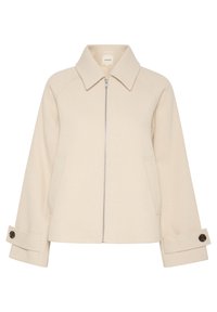 Beige jakke med lynlås på forsiden, stor krave, ribbet tekstur og sidelommer. Mændsmanchetter har en knapdetalje.