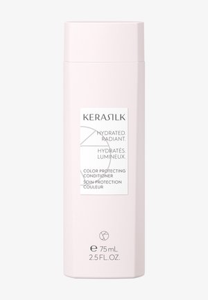 Flacon de conditionneur protecteur de couleur Kerasilk, étiqueté hydraté et éclatant, taille 75 ml, emballage rectangulaire rose clair.