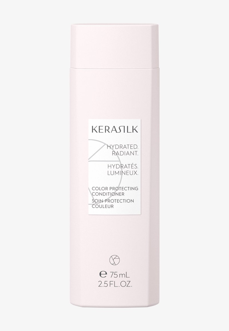 Fles Kerasilk kleur beschermende conditioner, gelabeld gehydrateerd en stralend, 75 ml formaat, lichtroze rechthoekige verpakking.