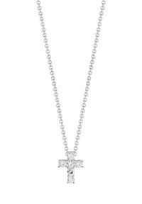 Silberne Kettenhalskette mit einem Kreuzanhänger, der mit mehreren klaren Kristallen verziert ist. Der Anhänger hat eine strukturierte Oberfläche und ein einfaches Design.