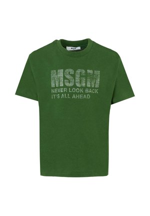 Groene katoenen T-shirt met korte mouwen, met een ronde halslijn en bedrukt tekst in zilver: "MSGM NEVER LOOK BACK IT'S ALL AHEAD."