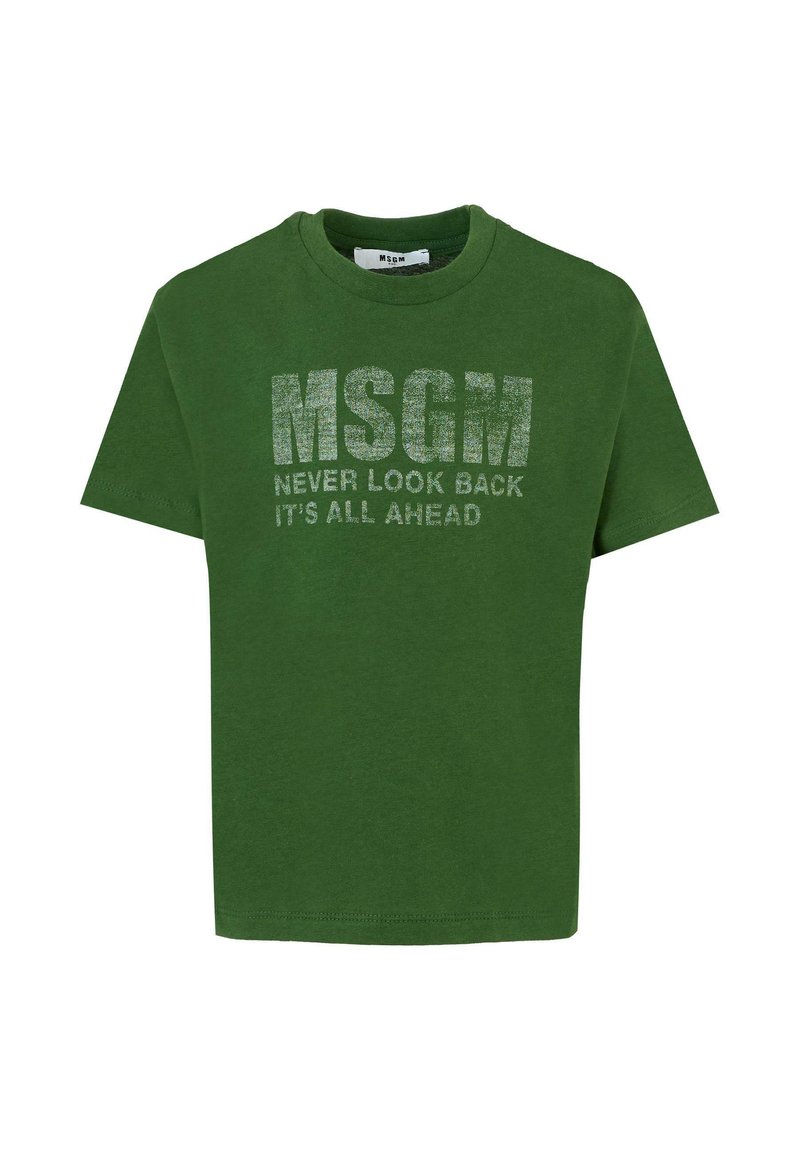Groene katoenen T-shirt met korte mouwen, met een ronde halslijn en bedrukt tekst in zilver: "MSGM NEVER LOOK BACK IT'S ALL AHEAD."