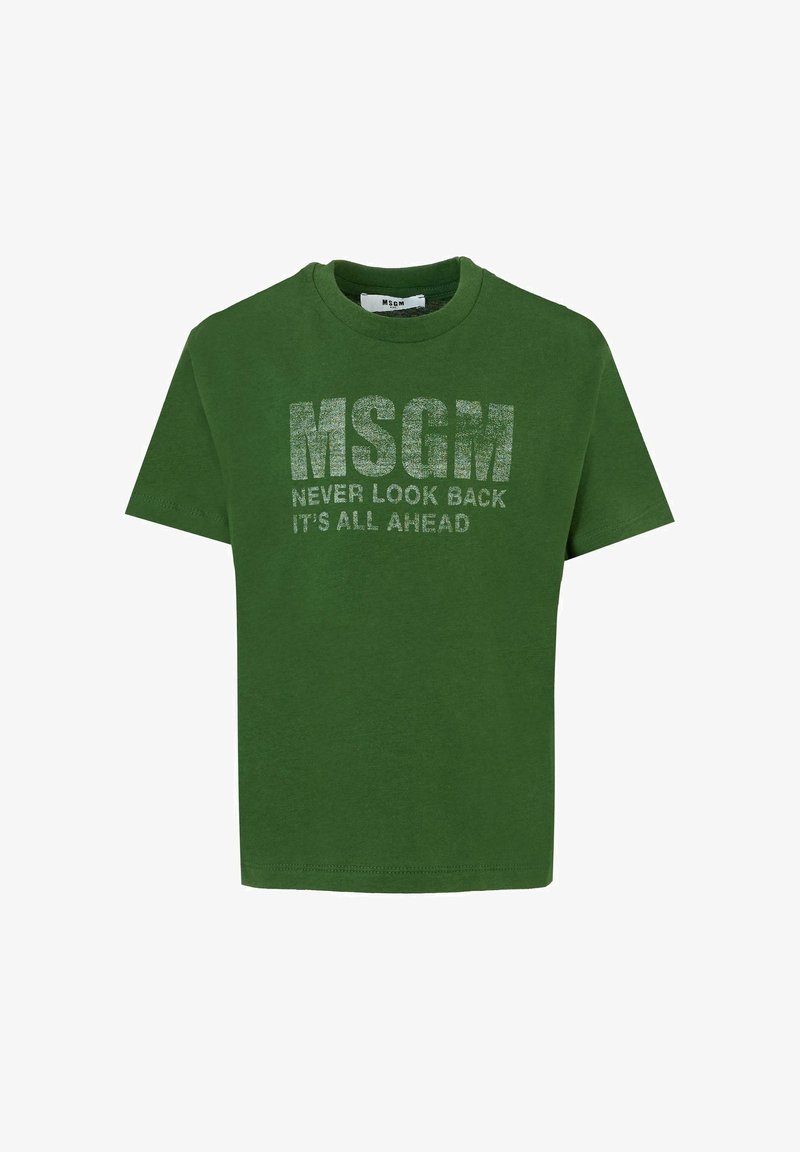 Groene katoenen T-shirt met korte mouwen, met een ronde halslijn en bedrukt tekst in zilver: "MSGM NEVER LOOK BACK IT'S ALL AHEAD."