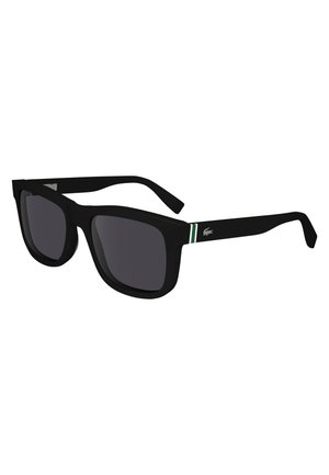 Ochelari de soare negri cu un cadru gros, lentile închise la culoare și accente verzi și albe pe brațe. Prezintă un detaliu cu logo pe lateral.