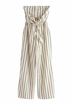 Kombinezon w paski w kolorze kremowym z czarnymi pionowymi liniami, z dekoltem odkrywającym ramiona, wiązaniem w pasie oraz szerokimi nogawkami.
