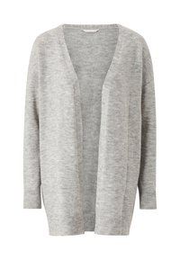 Cardigan aperto grigio chiaro, realizzato in morbido tessuto a maglia. Presenta maniche lunghe con polsini a coste e una vestibilità comoda. Nessun bottone presente.