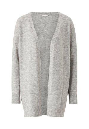 Lys grå åben cardigan, lavet af blødt strikstof. Har lange ærmer med ribbede manchetter og en afslappet pasform. Ingen lukninger er til stede.
