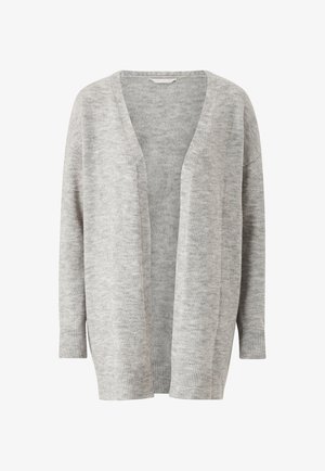 Light gray, open-front cardigan, made of soft knit fabric. Features long sleeves with ribbed cuffs and a relaxed fit. No fasteners present.