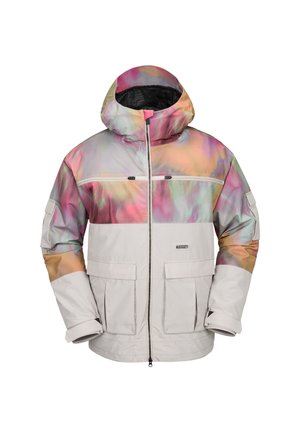 Chaqueta resistente al agua con un degradado de colores pastel, capucha, cierre delantero con cremallera, dos bolsillos en el pecho y puños elásticos para protección contra el viento.