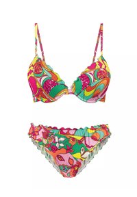 Kolorowy zestaw bikini z topem na ramiączkach i falbanami. Materiał zdobiony jest żywym, kwiatowym i abstrakcyjnym wzorem w odcieniach różu, zieleni i żółci.
