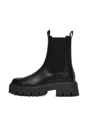 Schwarze Chelsea-Stiefel aus glattem Leder, mit elastischen Seiteneinsätzen und einer klobigen Gummisohle mit Zickzackmuster.