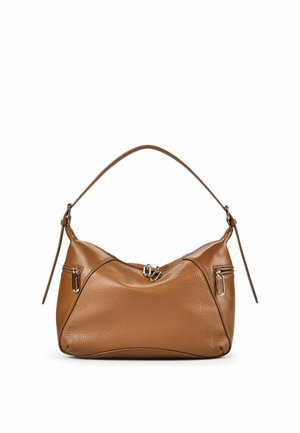 Sac à main en cuir marron avec une poignée unique sur le dessus, deux petites poches zippées sur les côtés et une fermeture à fermoir métallique au centre.