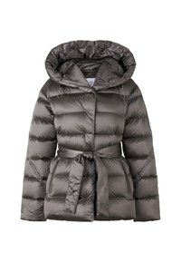 Vatteret jakke i mørkegrå med quiltet design, hætte og justerbare snore. Inkluderer bælte i taljen og to sidelommer.