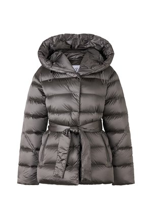 Prošívaná bunda v tmavě šedé barvě s prošívaným vzorem, kapucí a nastavitelnými šňůrkami. Obsahuje pás s opaskem a dvě boční kapsy.