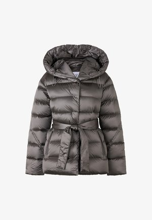 Steppjacke in Dunkelgrau mit gestepptem Design, Kapuze und verstellbaren Kordelzügen. Verfügt über eine taillierte Passform mit Gürtel und zwei Seitentaschen.