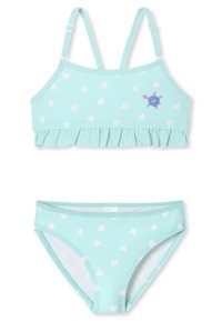 Ensemble de bikini bleu clair comprenant un bralette à volants avec des motifs de cœurs blancs et ungraphique de tortue, ainsi que des bas assortis avec des designs similaires.