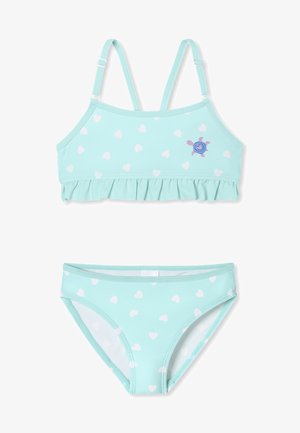 Set di bikini azzurro chiaro con bralette arricciata decorata da motivi a cuori bianchi e un grafico di una tartaruga, abbinato a slip con design simile.