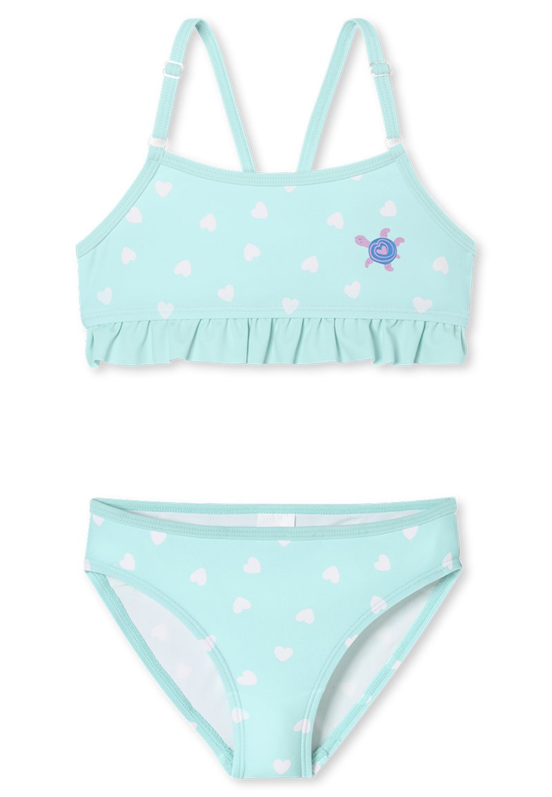 Ensemble de bikini bleu clair comprenant un bralette à volants avec des motifs de cœurs blancs et ungraphique de tortue, ainsi que des bas assortis avec des designs similaires.