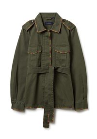 Giacca camicia verde oliva in cotone con vita regolabile, caratterizzata da cuciture multicolori lungo colletto, polsini e tasche.