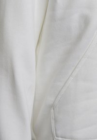 Felpa bianca con cappuccio, caratterizzata da un tessuto morbido e testurizzato, cuciture visibili e una tasca. Il tessuto appare liscio con modelli minimi.