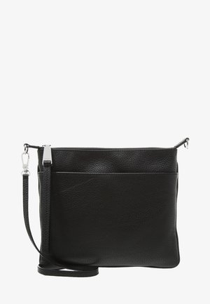 Sac bandoulière en cuir texturé noir avec poche avant et sangle ajustable, fermeture éclair et quincaillerie argentée.