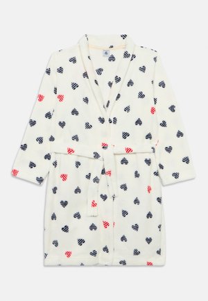 Fleece bathrobe with a cream base, featuring small navy and red striped heart patterns, shawl collar, and a matching tie belt.