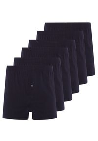 Six pairs of navy cotton boxers with elastic waistbands, button fly, and a plain design. The fabric has a soft, smooth texture.