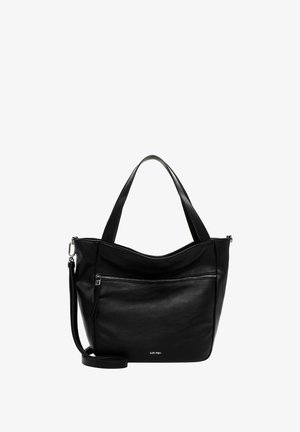 Sort læder tote bag med et afslappet design, dobbelte håndtag og en lynlåslomme foran. Har en aftagelig skulderrem.