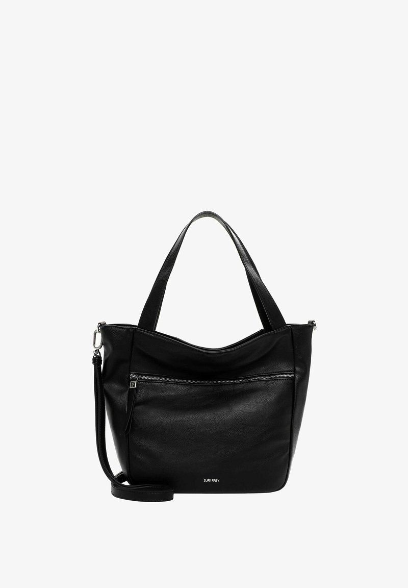 Melns ādas somiņa ar vaļīgu dizainu, divām rokturām un kabatu ar rāvējslēdzēju priekšpusē. Iespējas ir noņemams plecu siksna.