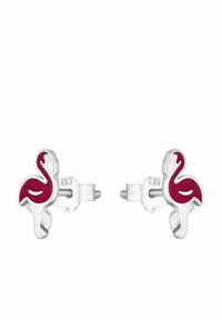 Orecchini a forma di fenicottero in argento con dettagli in smalto rosso e finitura lucida. Presentano un design a chiodo con chiusura posteriore.