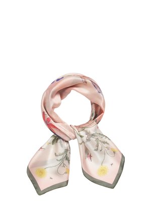 Silk scarf with a pale pink background, featuring floral patterns in vibrant colors. Edges are trimmed in dark green, creating a contrasting border.