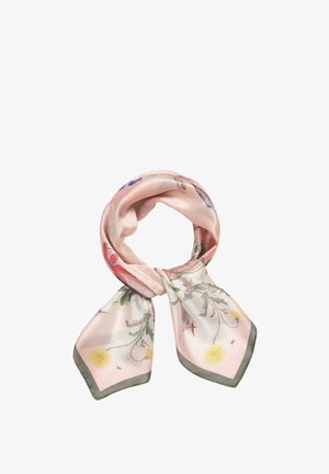 Foulard de seda con un fondo rosa pálido, que presenta patrones florales en colores vibrantes. Los bordes están recortados en verde oscuro, creando un borde contrastante.