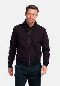 Heren zip-up jas in donker bordeaux, met een gestructureerde stof, hoge kraag en geribbelde manchetten. Gecombineerd met marineblauwe broeken.