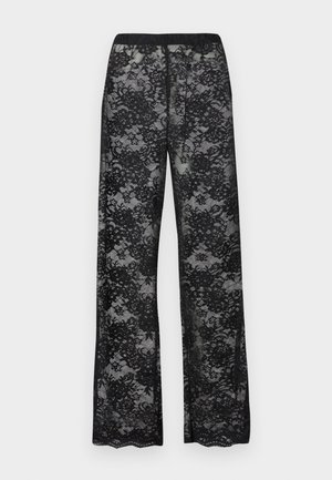 Black lace pants with a sheer fabric, featuring floral patterns, a wide-leg design, and an elastic waistband for comfort.