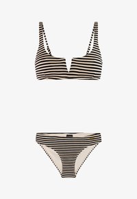 Conjunto de bikini de rayas blancas y negras que incluye un top con escote en v y tirantes finos, y braguitas de tiro bajo a juego. Tela suave con cobertura regular.
