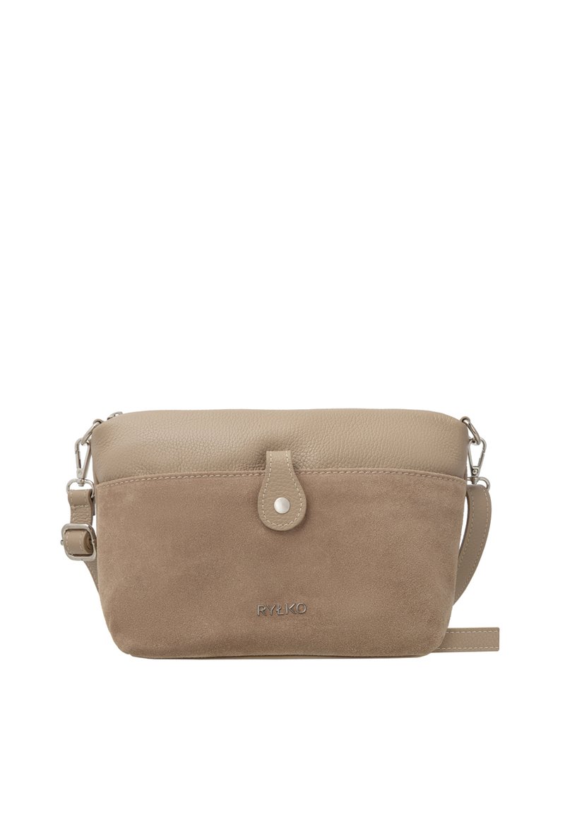 Borsa a tracolla beige con fondo in suede a trama e parte superiore in pelle liscia. Presenta una chiusura a scatto frontale e una tracolla regolabile.