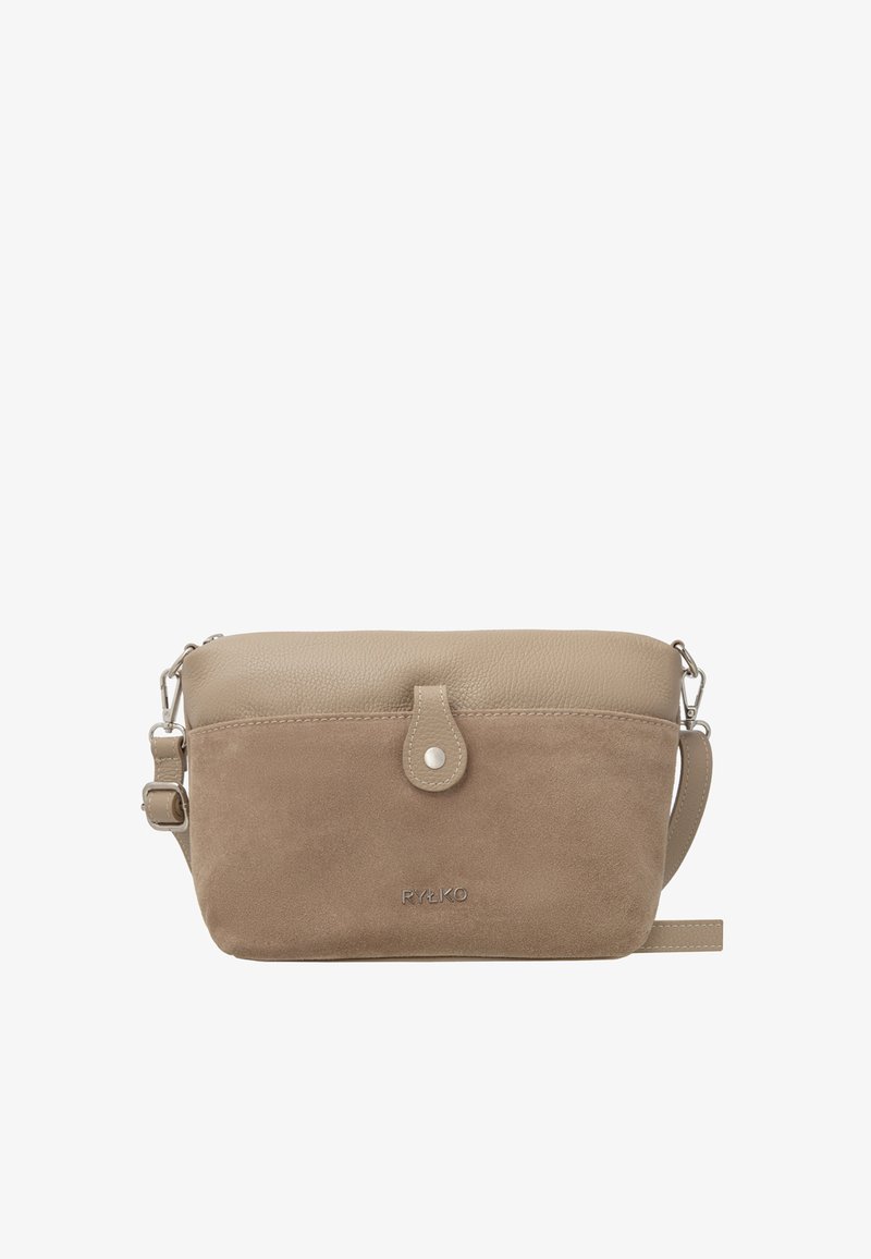 Borsa a tracolla beige con fondo in suede a trama e parte superiore in pelle liscia. Presenta una chiusura a scatto frontale e una tracolla regolabile.
