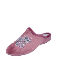 Pantufla rosa de felpa con detalle de bordado floral, punta redondeada y textura suave. Cuenta con una suela exterior flexible para mayor comodidad.
