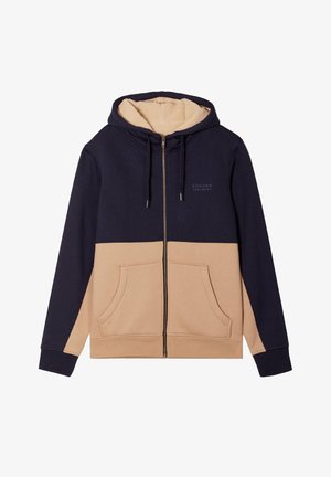 Kapuzensweatshirt mit Reißverschluss, dunkelblauem Oberteil und beigem Unterteil, ausgestattet mit einem Fleece-Innenfutter und vorderen Taschen.