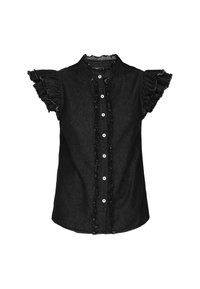Camicia a maniche corte in denim nero con maniche arricciate, colletto sfrangiato e chiusura a bottoni con bottoni bianchi visibili.